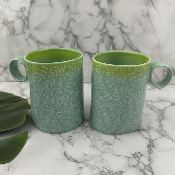 Anthropologie Floral Ombre Coffee Mug Set of 2 Green Blue Rustic Shape Cups - Picture 1 of 8